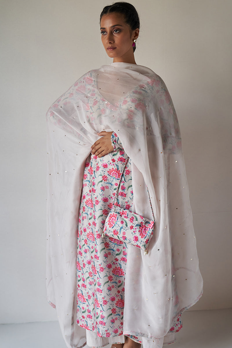 Ivory and Pink Chintz Printed Moonga Silk Kurta with Organza Dupatta with Tassels and Golden Foil