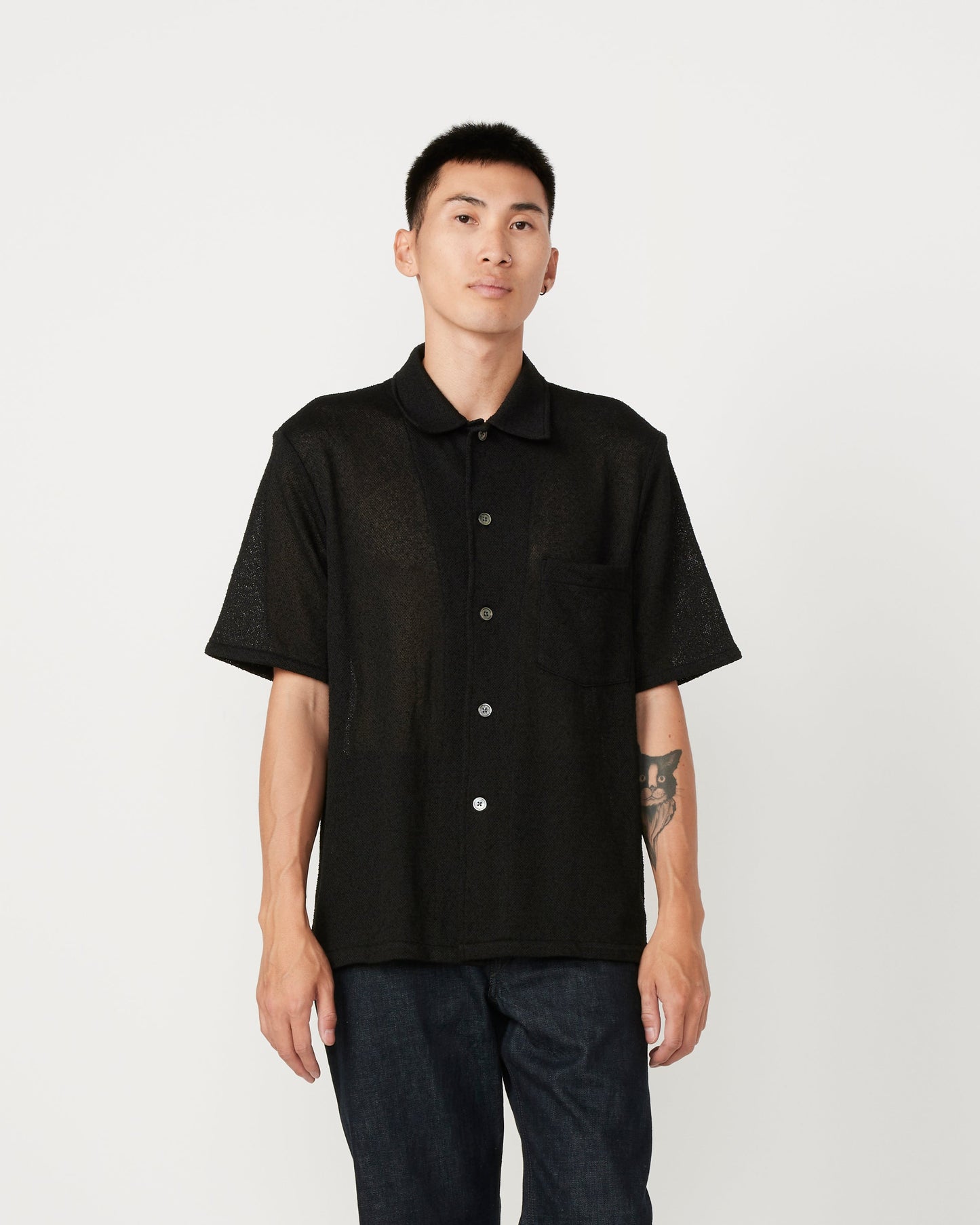 Box Short Sleeve Shirt in Black Boucle