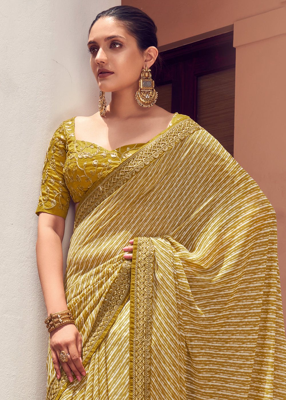 Mustard Yellow Lehriya Print Georgette Saree with Embroidered Blouse: Top Pick