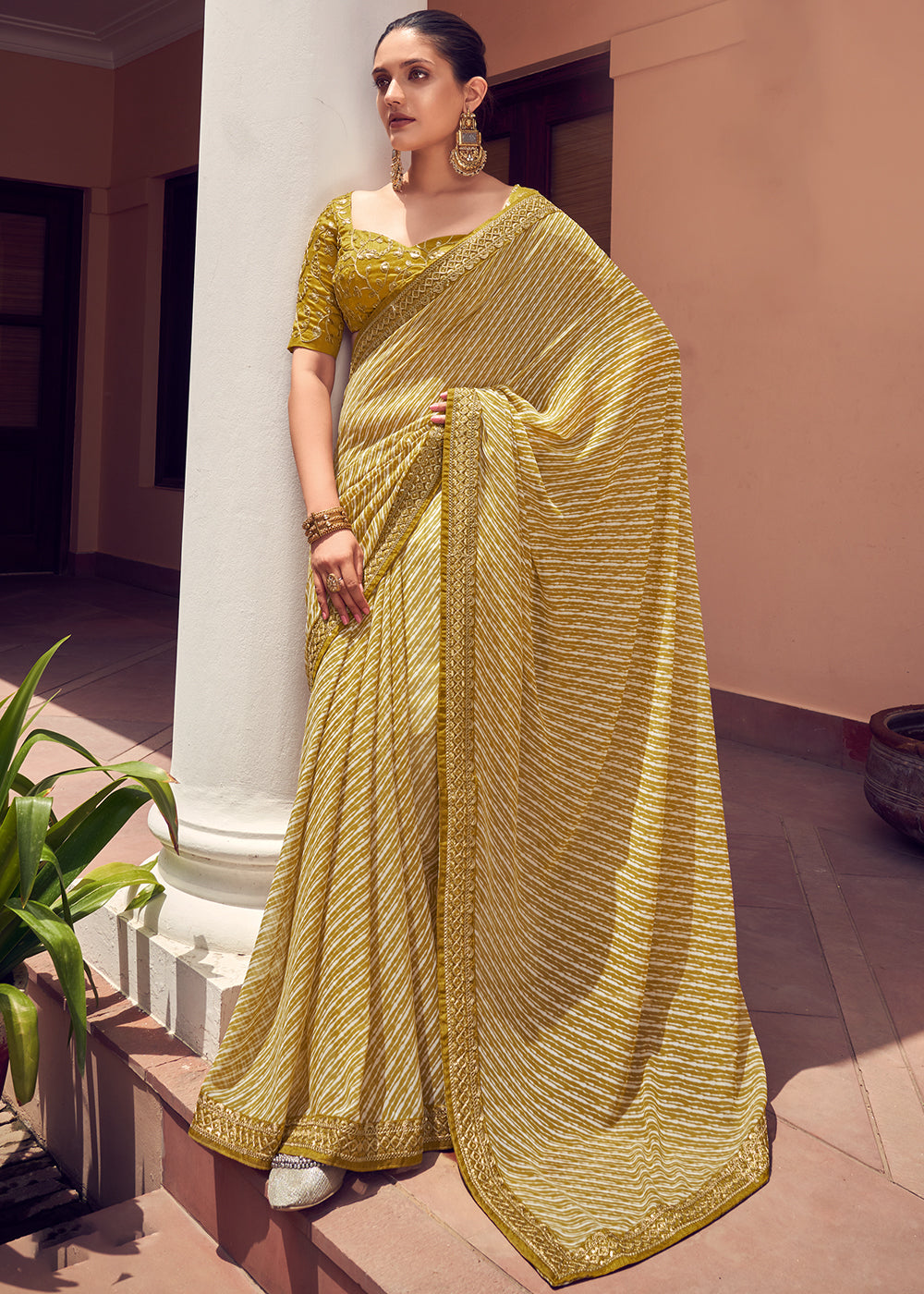 Mustard Yellow Lehriya Print Georgette Saree with Embroidered Blouse: Top Pick