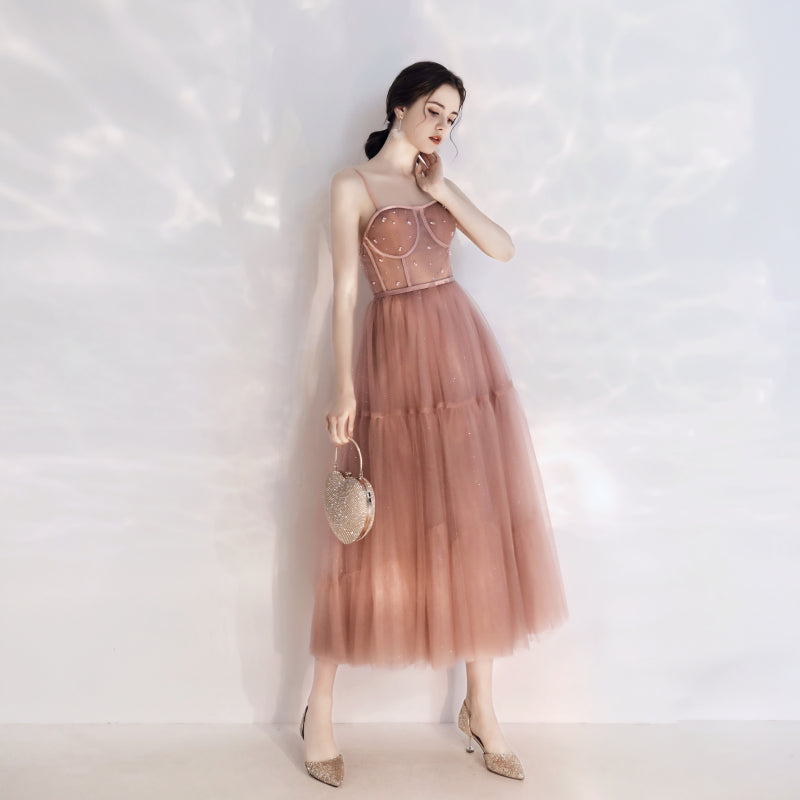 Vintage Peach Pink Tea Length Prom Dress