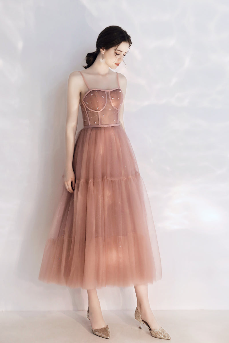 Vintage Peach Pink Tea Length Prom Dress