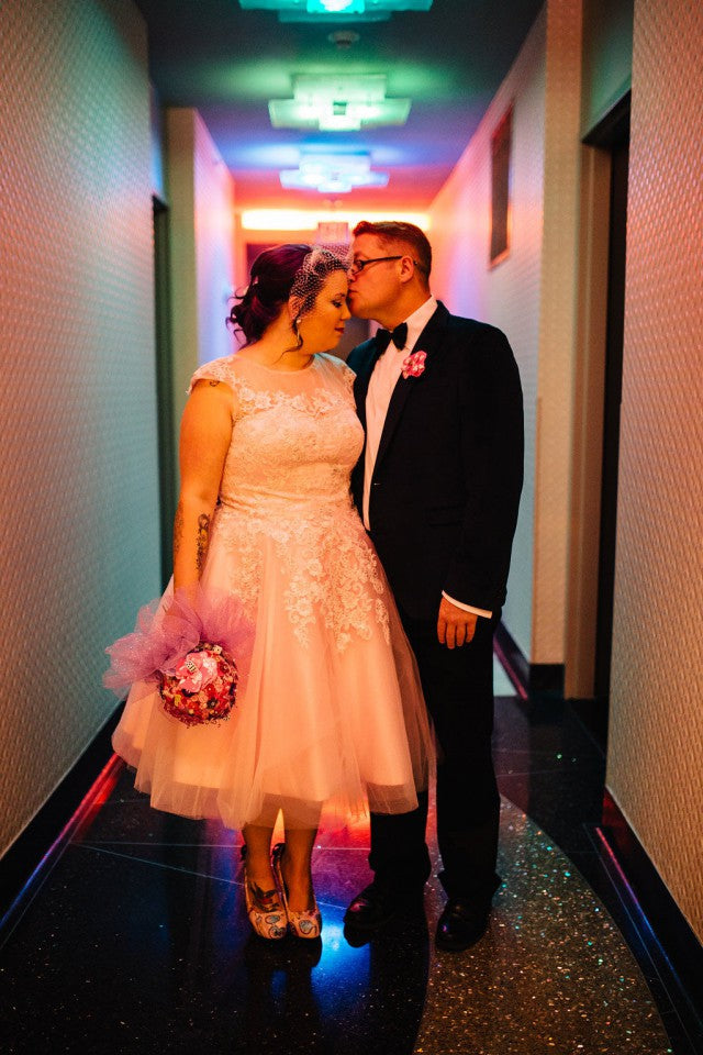 Vintage Pink Lace Appliques Tea Length Wedding Dress,20110634