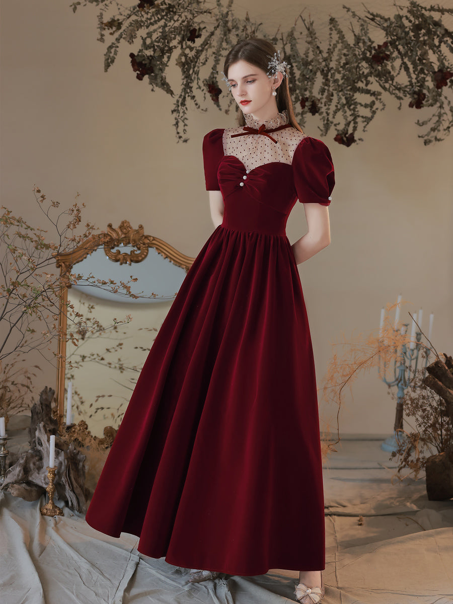 Classy Vintage Princess Burgundy Velvet Long Prom Dress