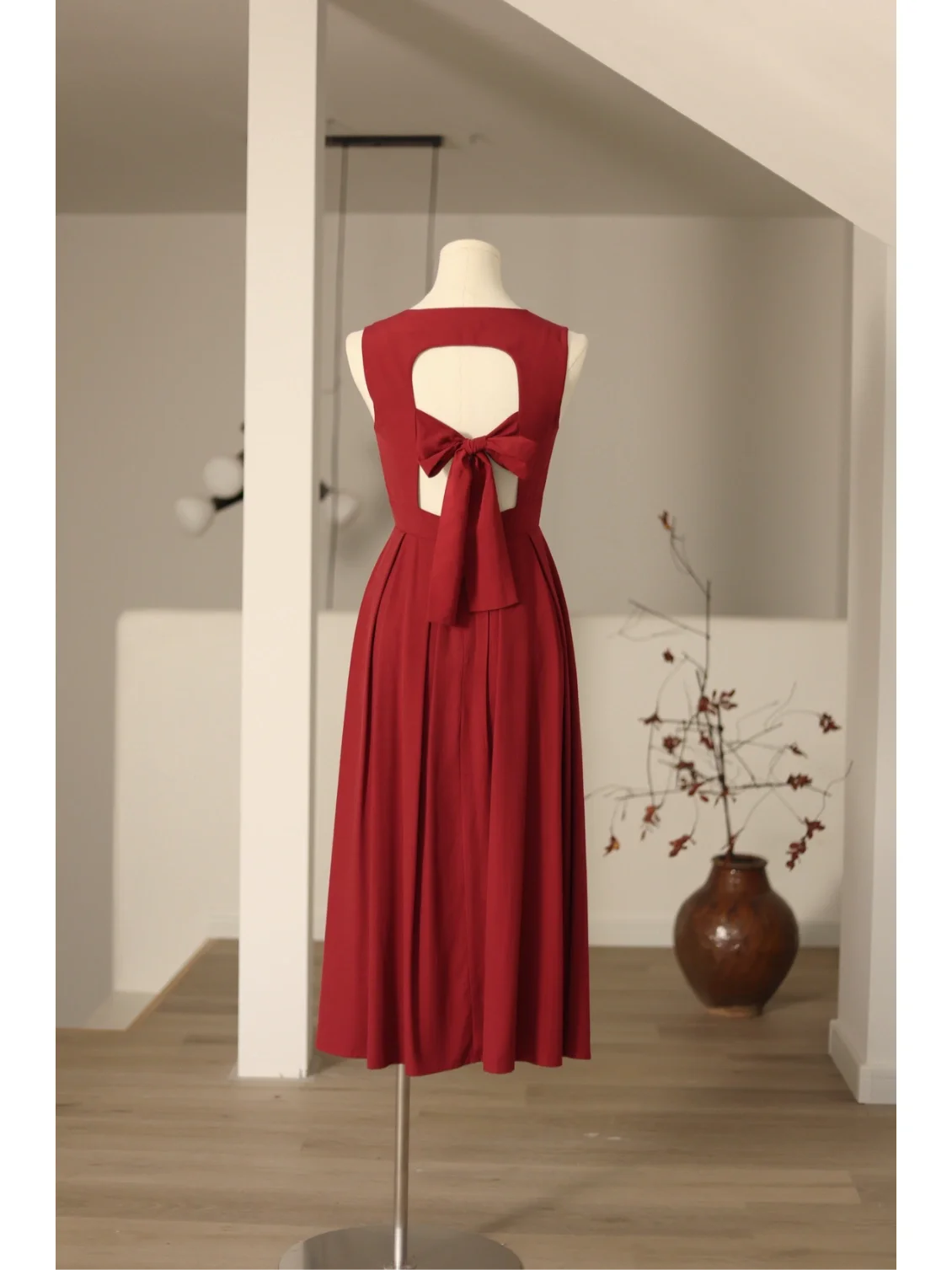 Vintage Burgundy Square Neck 50s Dress