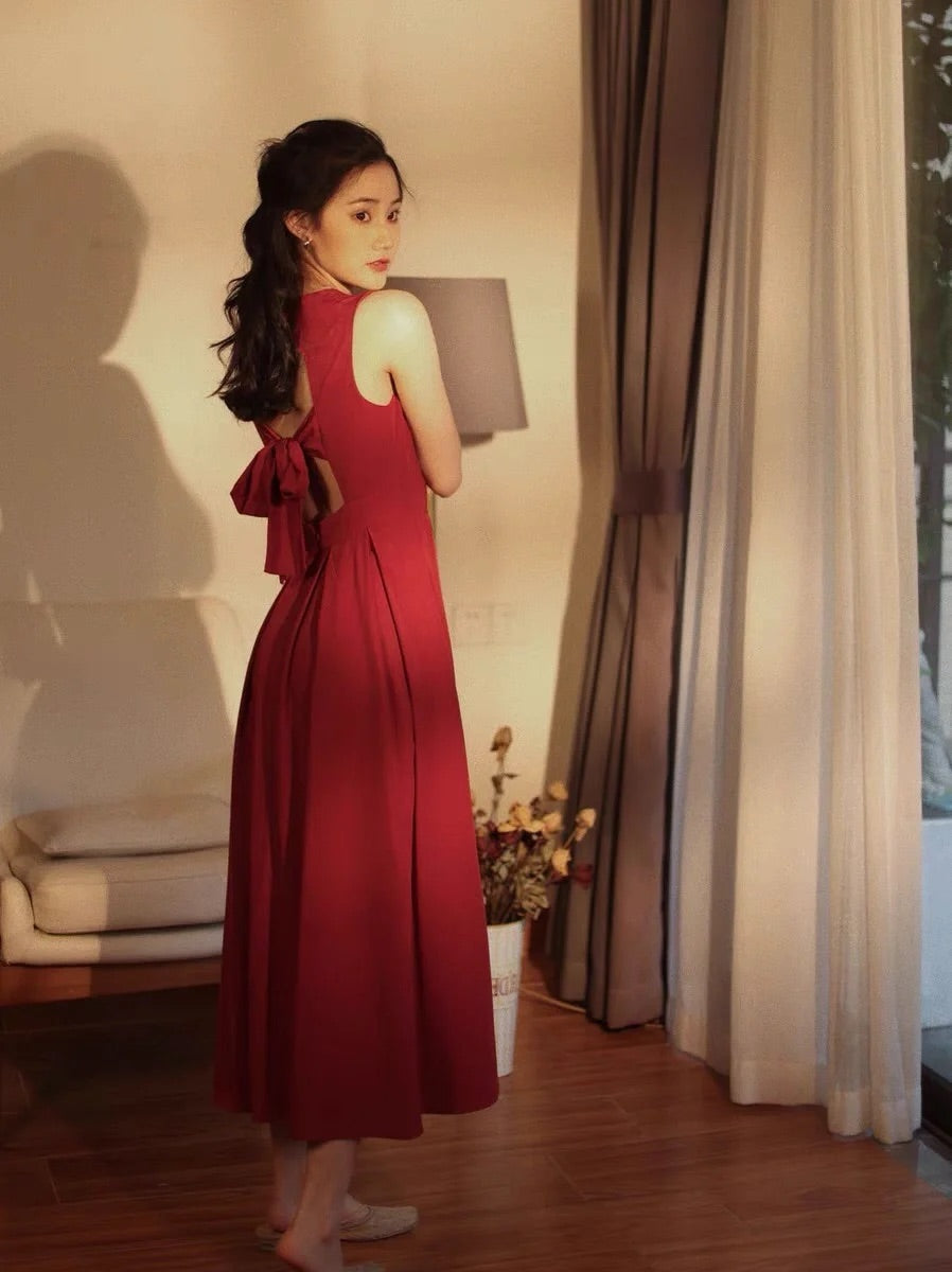 Vintage Burgundy Square Neck 50s Dress