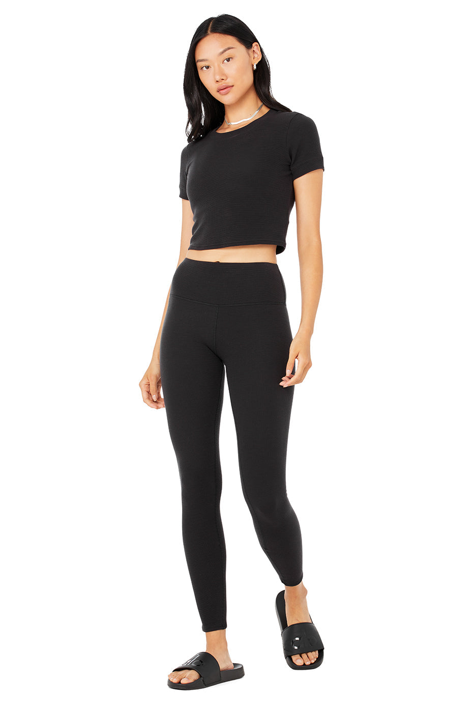 Micro Waffle Sierra Short Sleeve Top & High-Waist LowKey Legging Set - Black