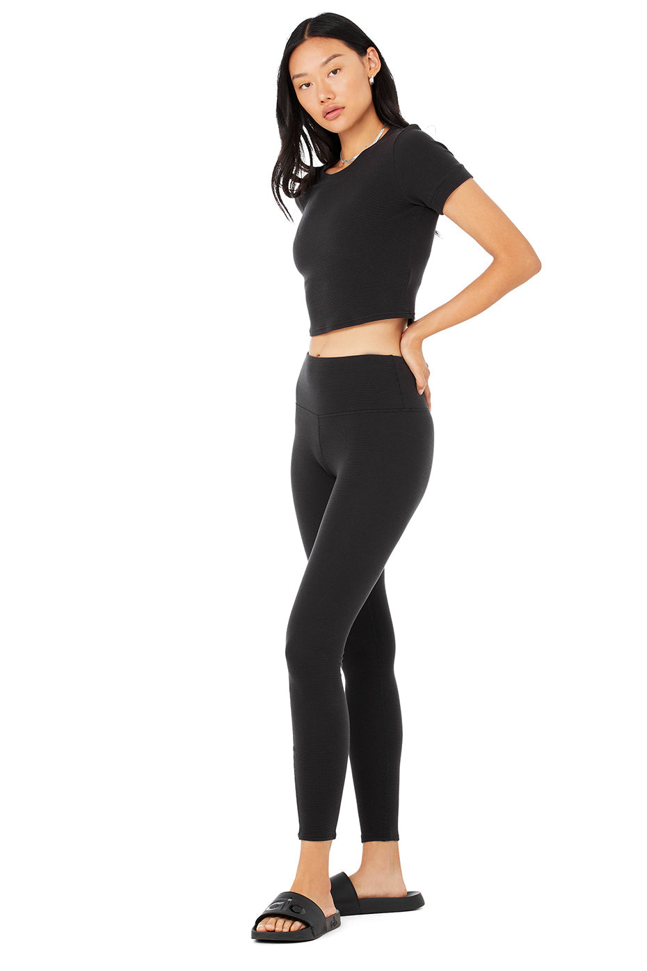 Micro Waffle Sierra Short Sleeve Top & High-Waist LowKey Legging Set - Black