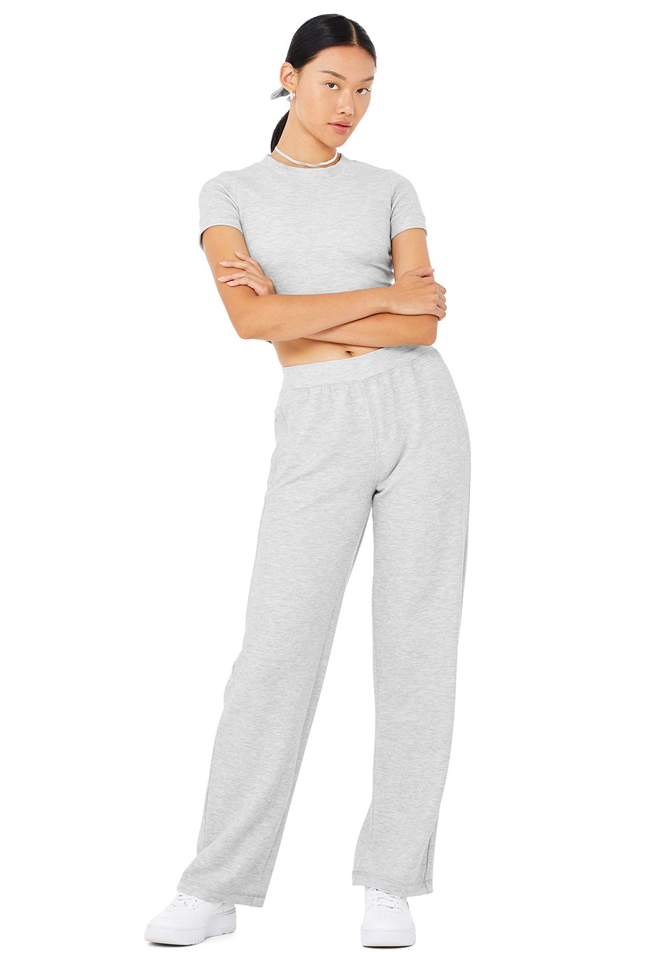 Micro Waffle Sierra Short Sleeve Top & Micro Waffle High-Waist Pleasant Wide Leg Pant Set - Athletic Heather Grey