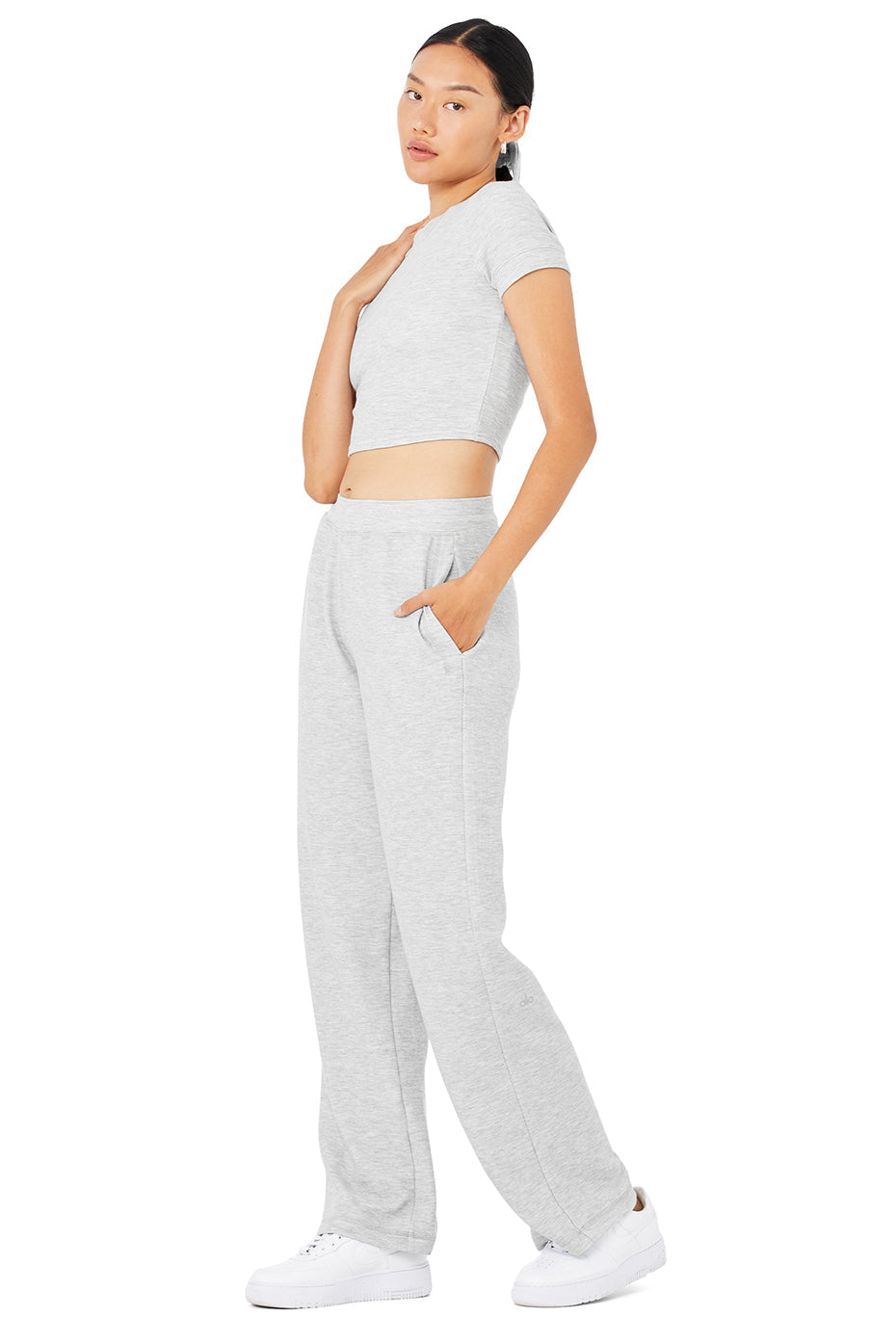 Micro Waffle Sierra Short Sleeve Top & Micro Waffle High-Waist Pleasant Wide Leg Pant Set - Athletic Heather Grey