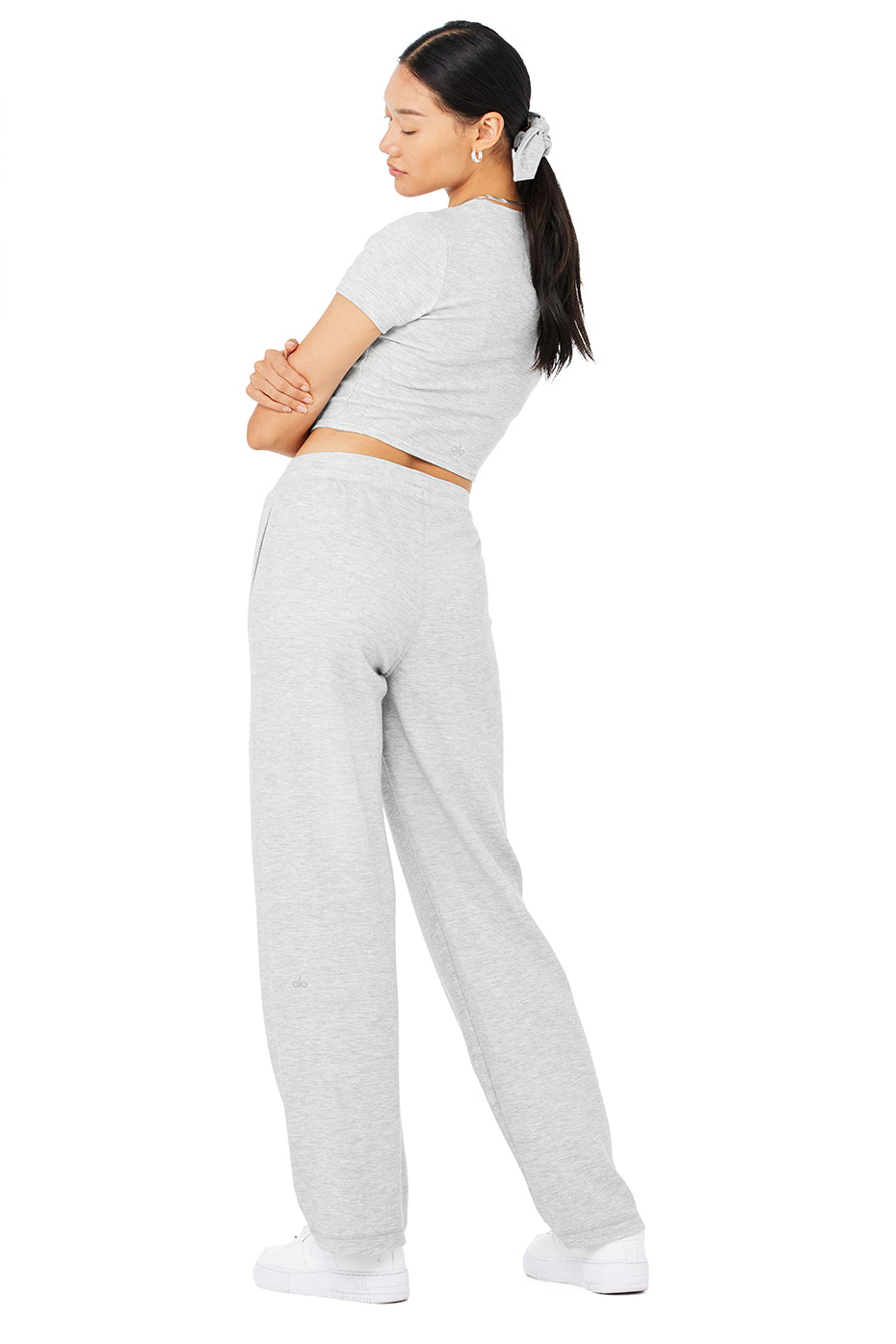 Micro Waffle Sierra Short Sleeve Top & Micro Waffle High-Waist Pleasant Wide Leg Pant Set - Athletic Heather Grey