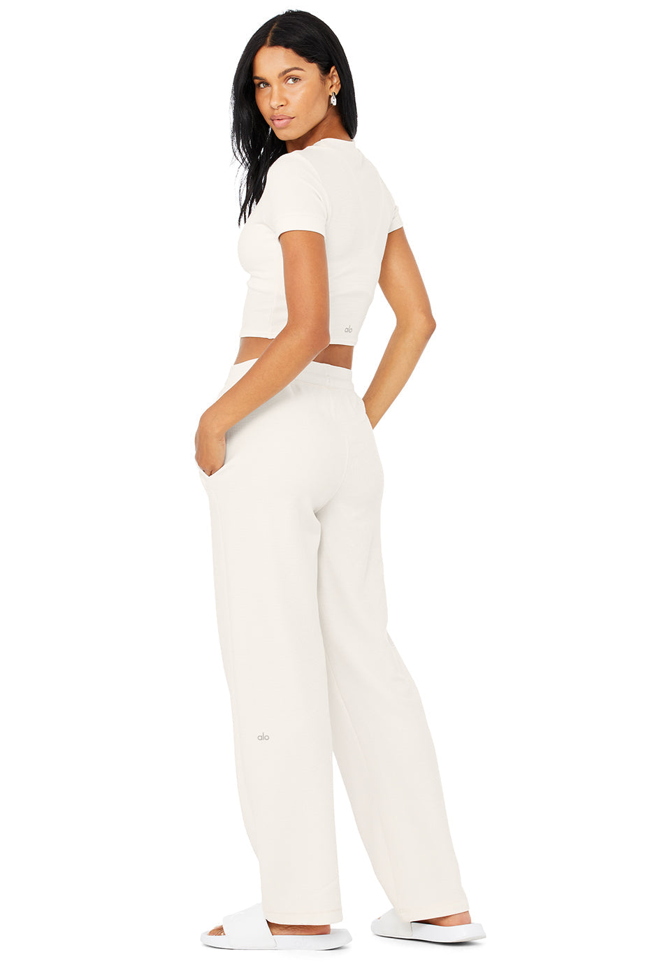 Micro Waffle Sierra Short Sleeve Top & Micro Waffle High-Waist Pleasant Wide Leg Pant Set - Ivory