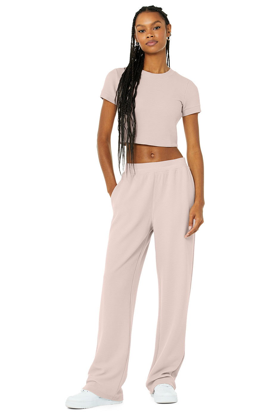 Micro Waffle Sierra Short Sleeve Top & Micro Waffle High-Waist Pleasant Wide Leg Pant Set - Dusty Pink