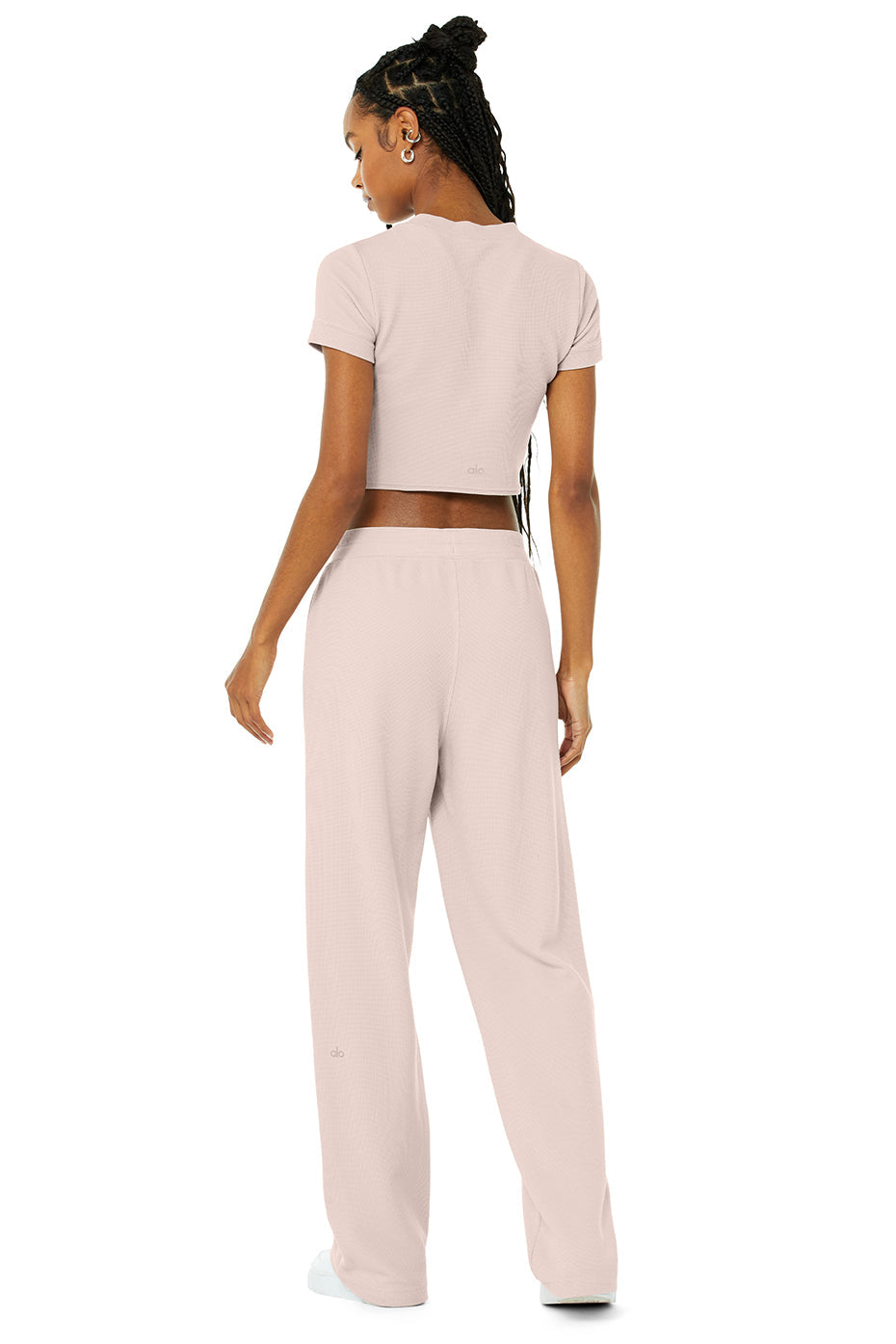 Micro Waffle Sierra Short Sleeve Top & Micro Waffle High-Waist Pleasant Wide Leg Pant Set - Dusty Pink
