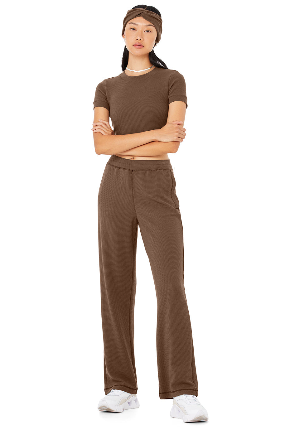 Micro Waffle Sierra Short Sleeve Top & Micro Waffle High-Waist Pleasant Wide Leg Pant Set - Hot Cocoa