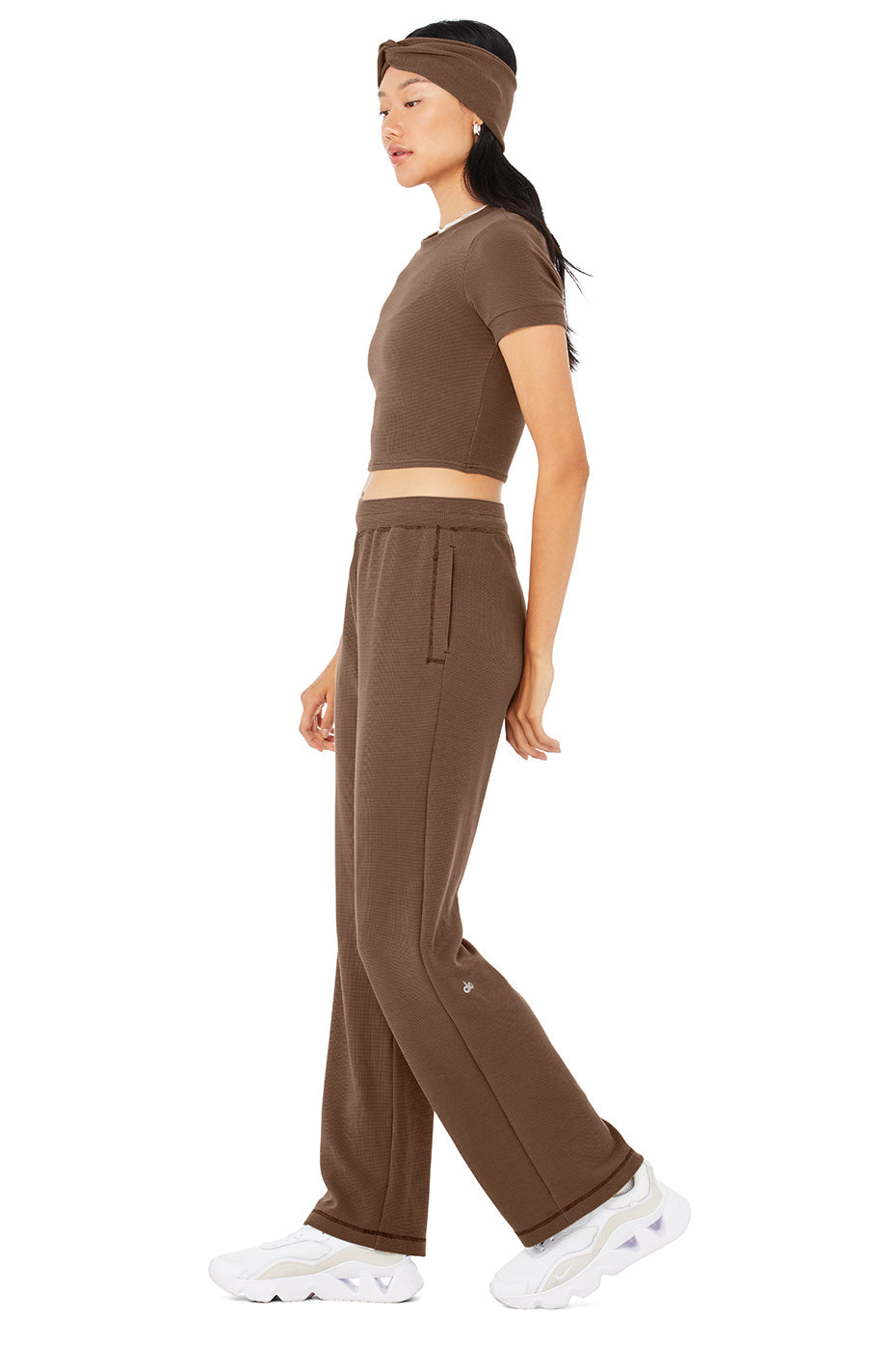 Micro Waffle Sierra Short Sleeve Top & Micro Waffle High-Waist Pleasant Wide Leg Pant Set - Hot Cocoa