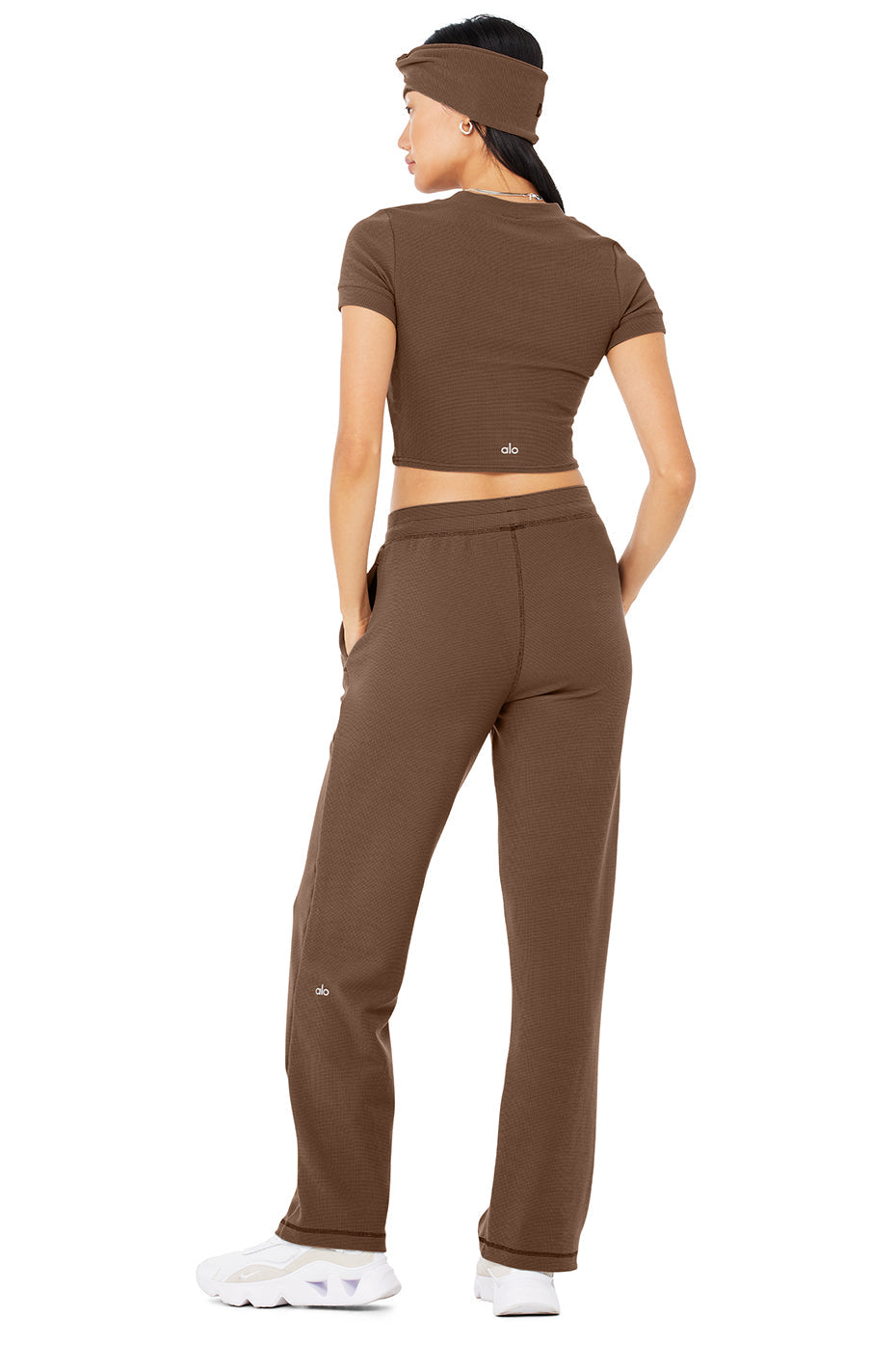 Micro Waffle Sierra Short Sleeve Top & Micro Waffle High-Waist Pleasant Wide Leg Pant Set - Hot Cocoa