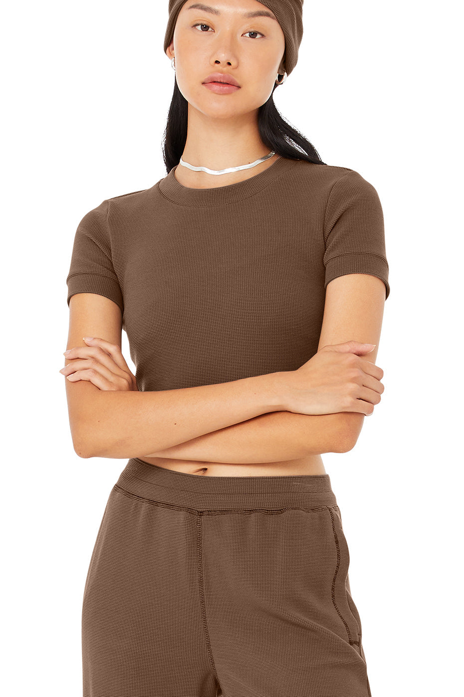 Micro Waffle Sierra Short Sleeve Top & Micro Waffle High-Waist Pleasant Wide Leg Pant Set - Hot Cocoa