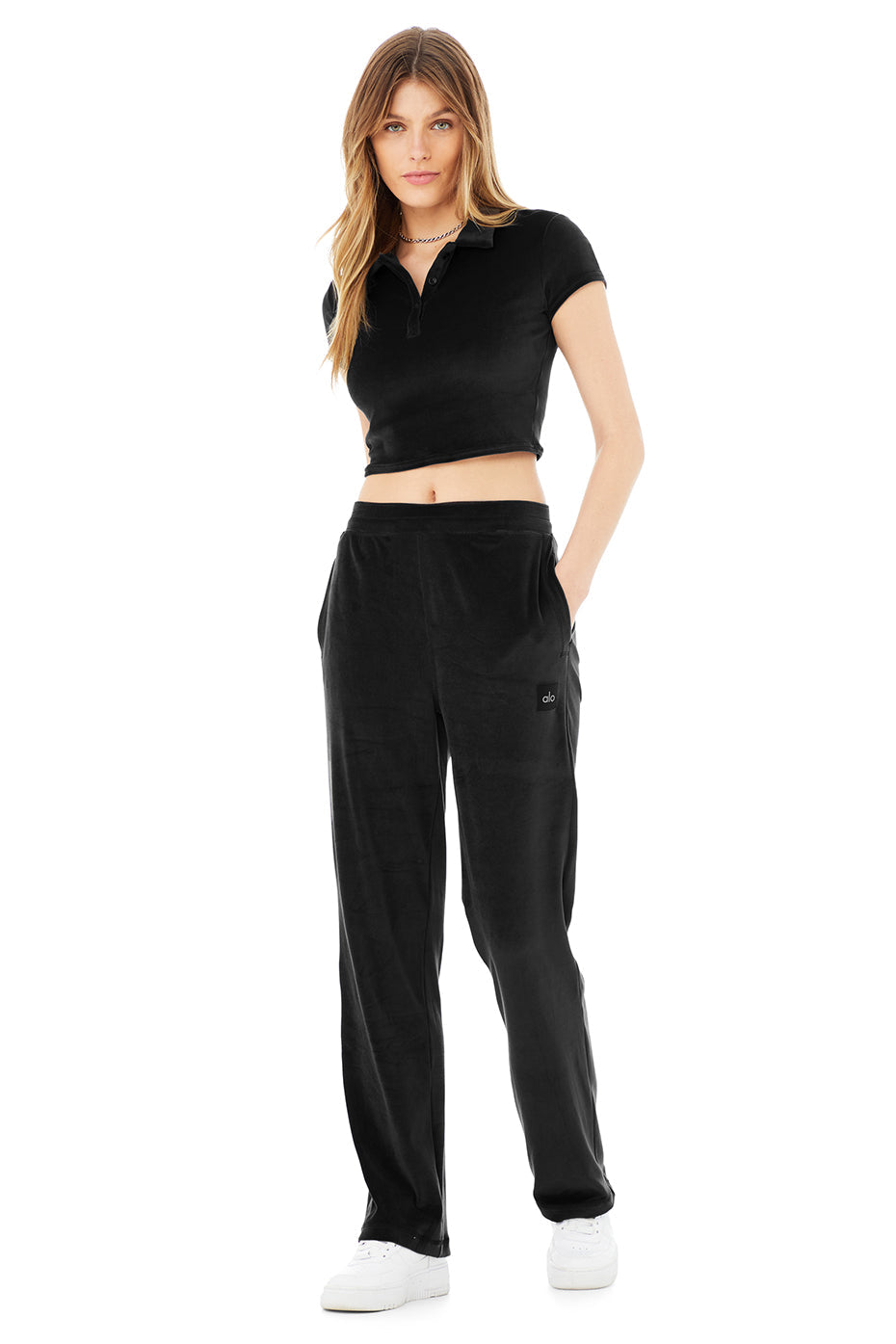 Velour Choice Polo & Velour High-Waist Glimmer Wide Leg Pant Set - Black