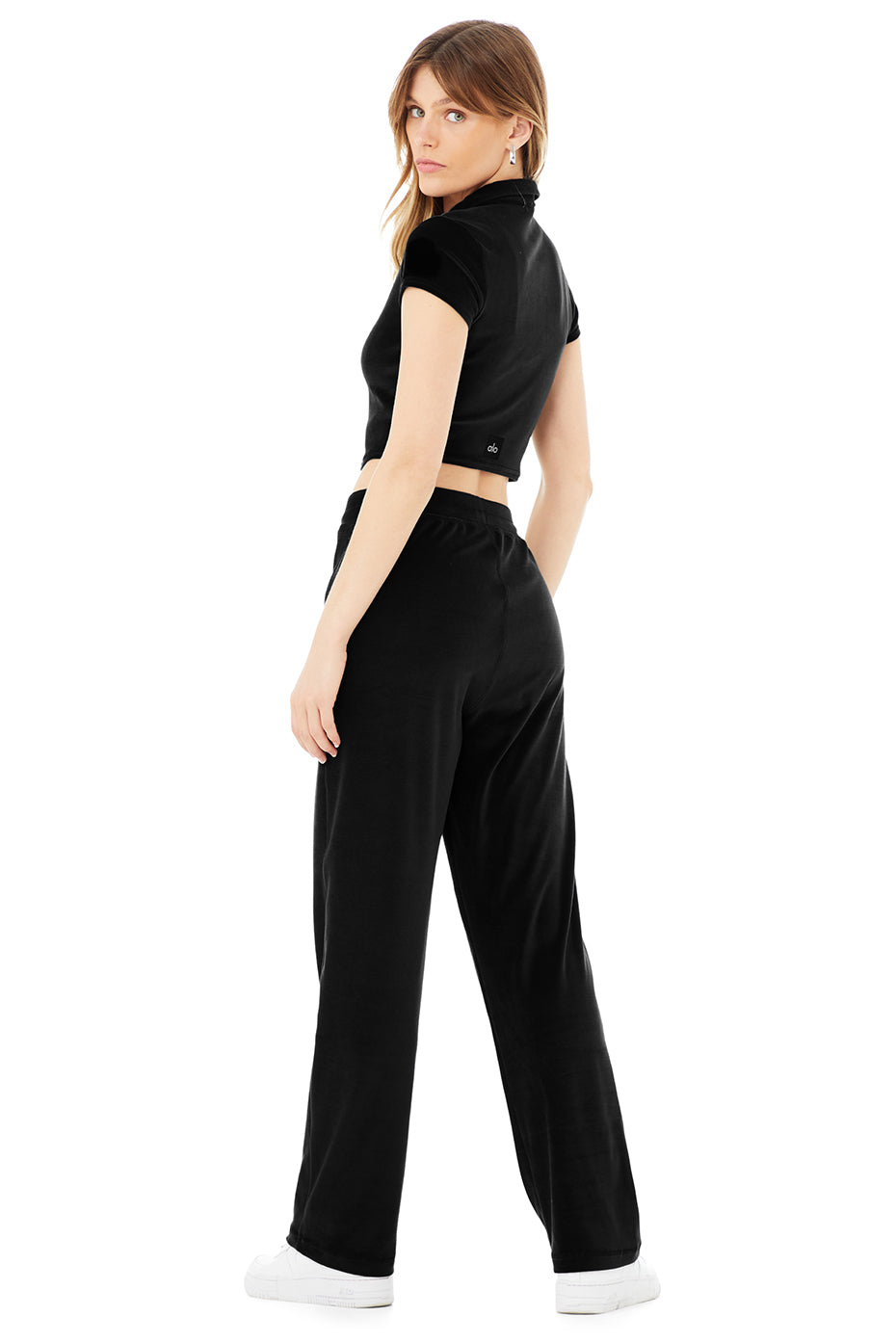 Velour Choice Polo & Velour High-Waist Glimmer Wide Leg Pant Set - Black
