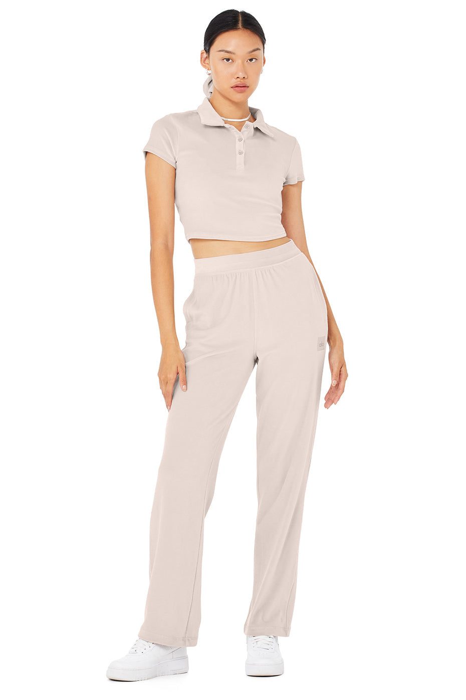 Velour Choice Polo & Velour High-Waist Glimmer Wide Leg Pant Set - Dusty Pink