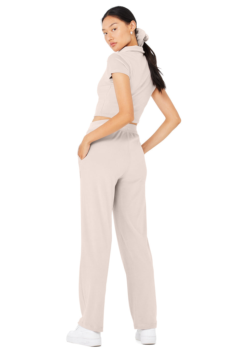 Velour Choice Polo & Velour High-Waist Glimmer Wide Leg Pant Set - Dusty Pink