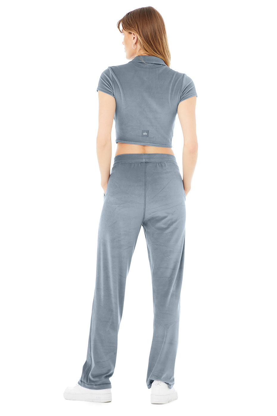 Velour Choice Polo & Velour High-Waist Glimmer Wide Leg Pant Set - Steel Blue