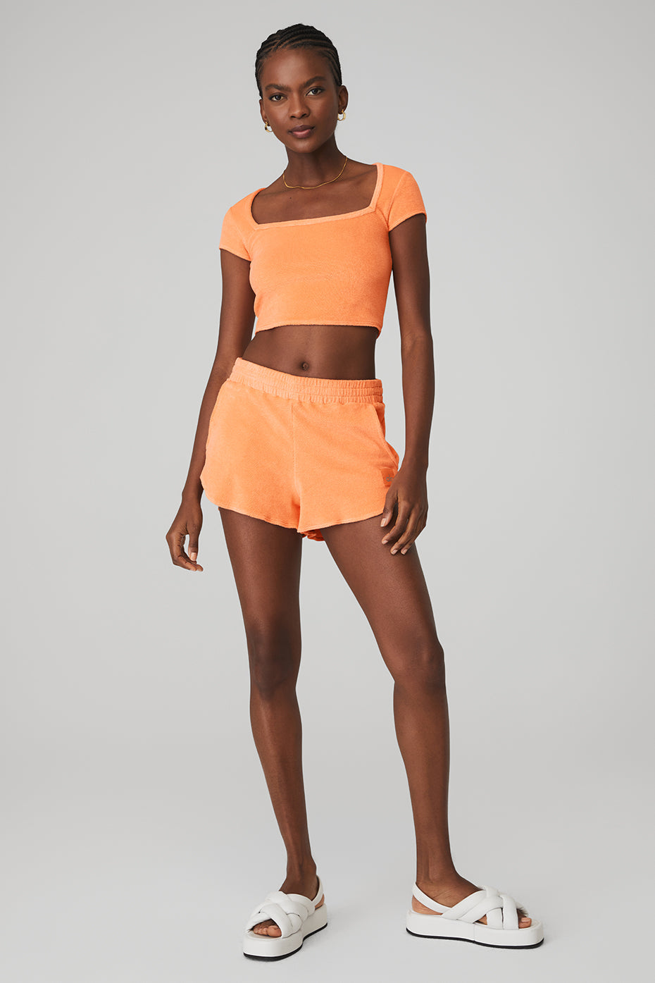 Terry Beachside Short Sleeve & Terry High-Waist Beachside Short Set - Cantaloupe