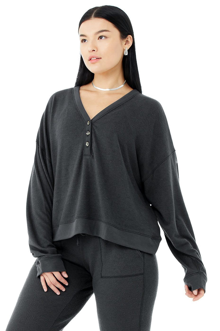 Alolux Soho Cropped Henley - Anthracite