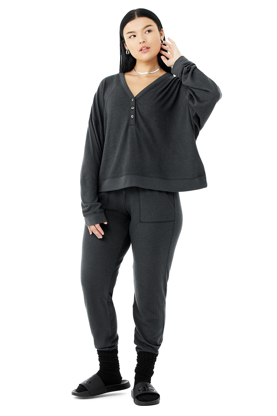 Alolux Soho Cropped Henley & Soho Sweatpant Set - Anthracite