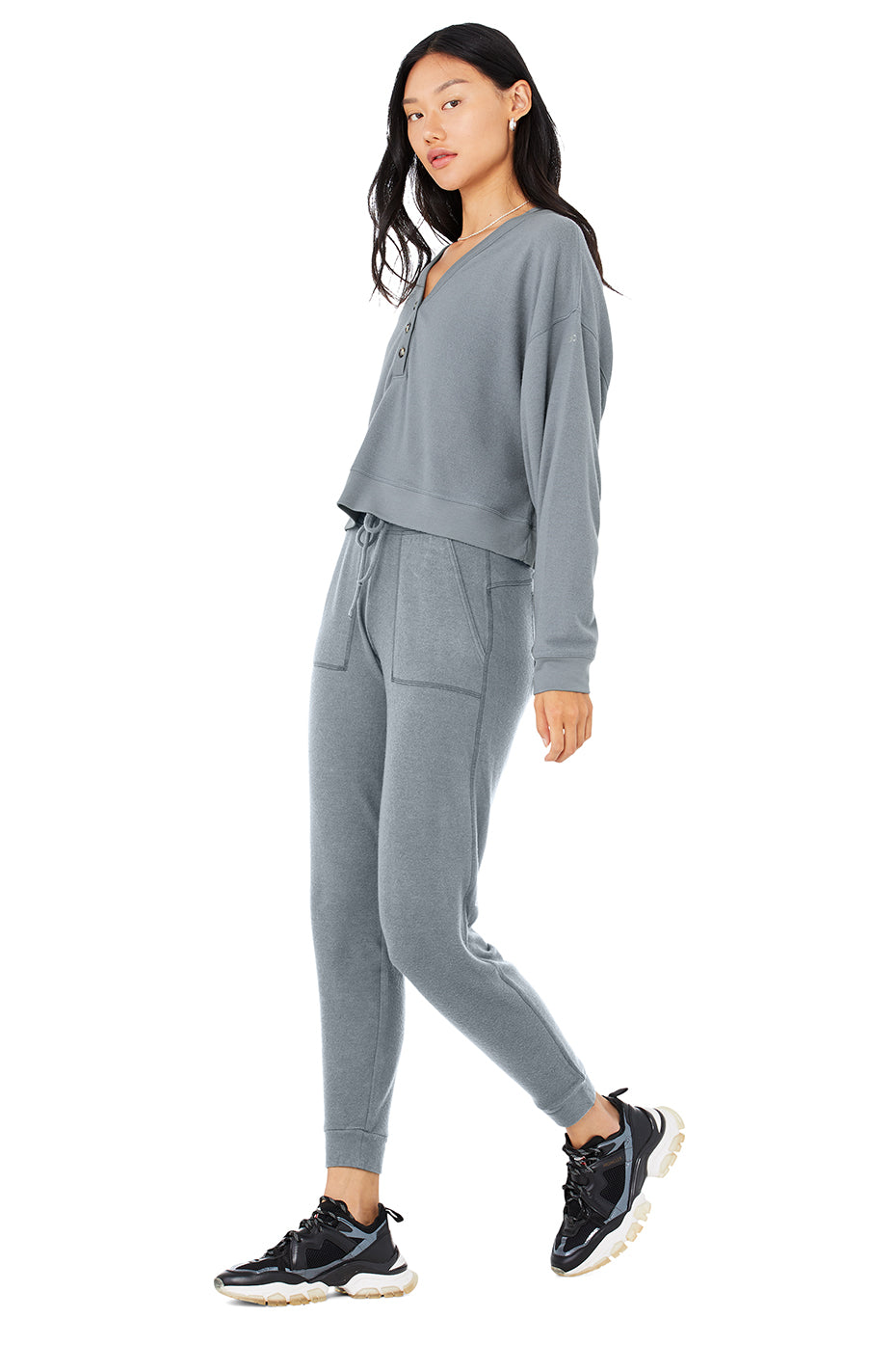 Alolux Soho Cropped Henley & Soho Sweatpant Set - Steel Blue