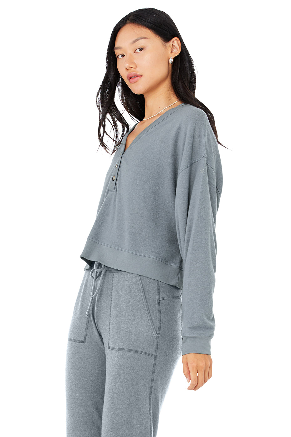 Alolux Soho Cropped Henley - Steel Blue