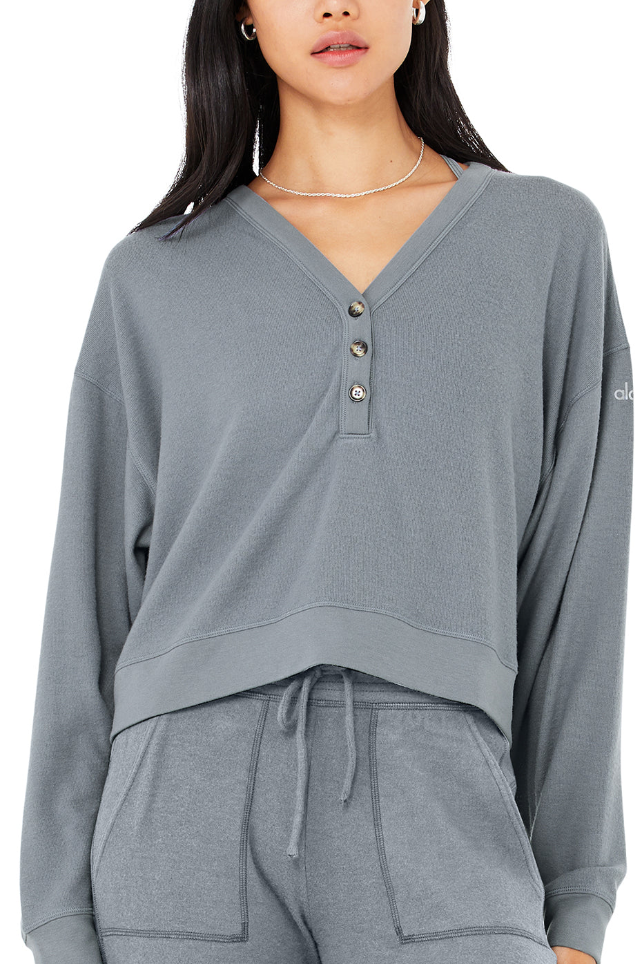 Alolux Soho Cropped Henley & Soho Sweatpant Set - Steel Blue