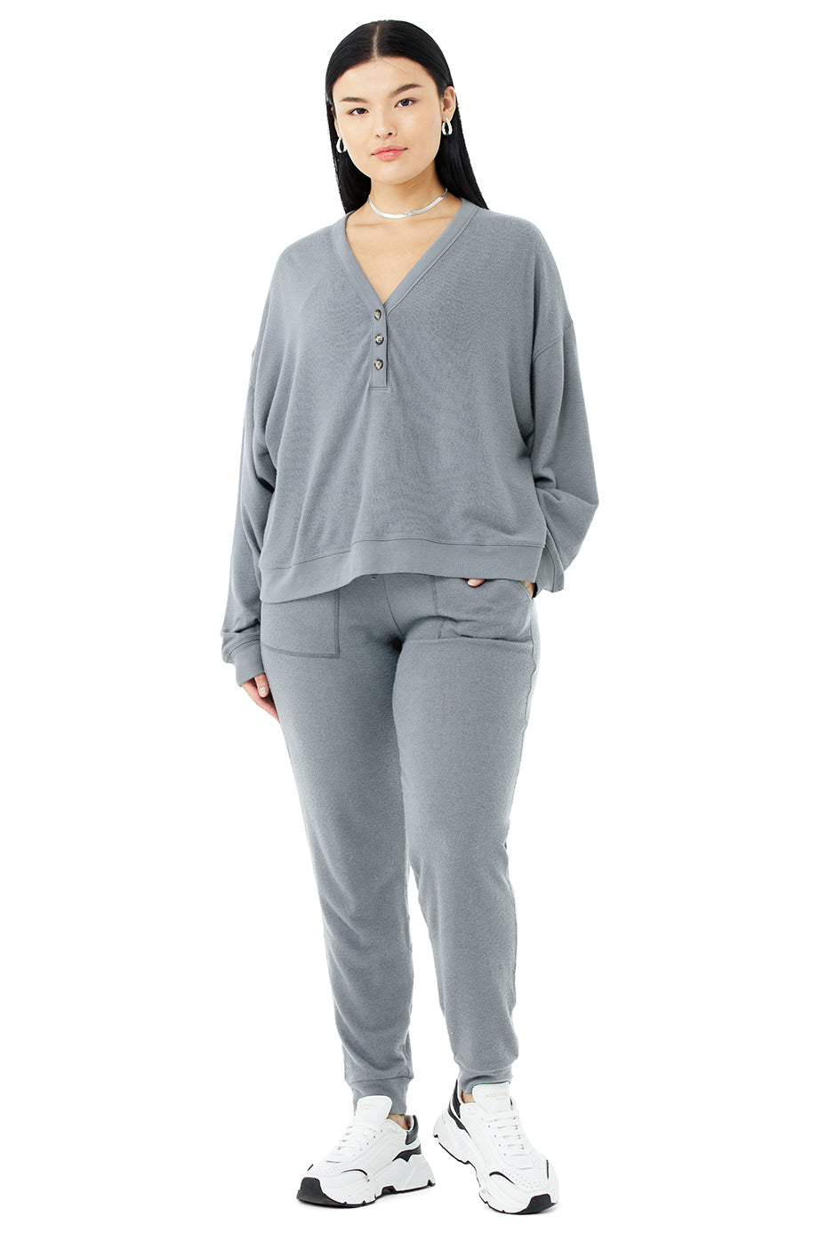 Alolux Soho Cropped Henley & Soho Sweatpant Set - Steel Blue