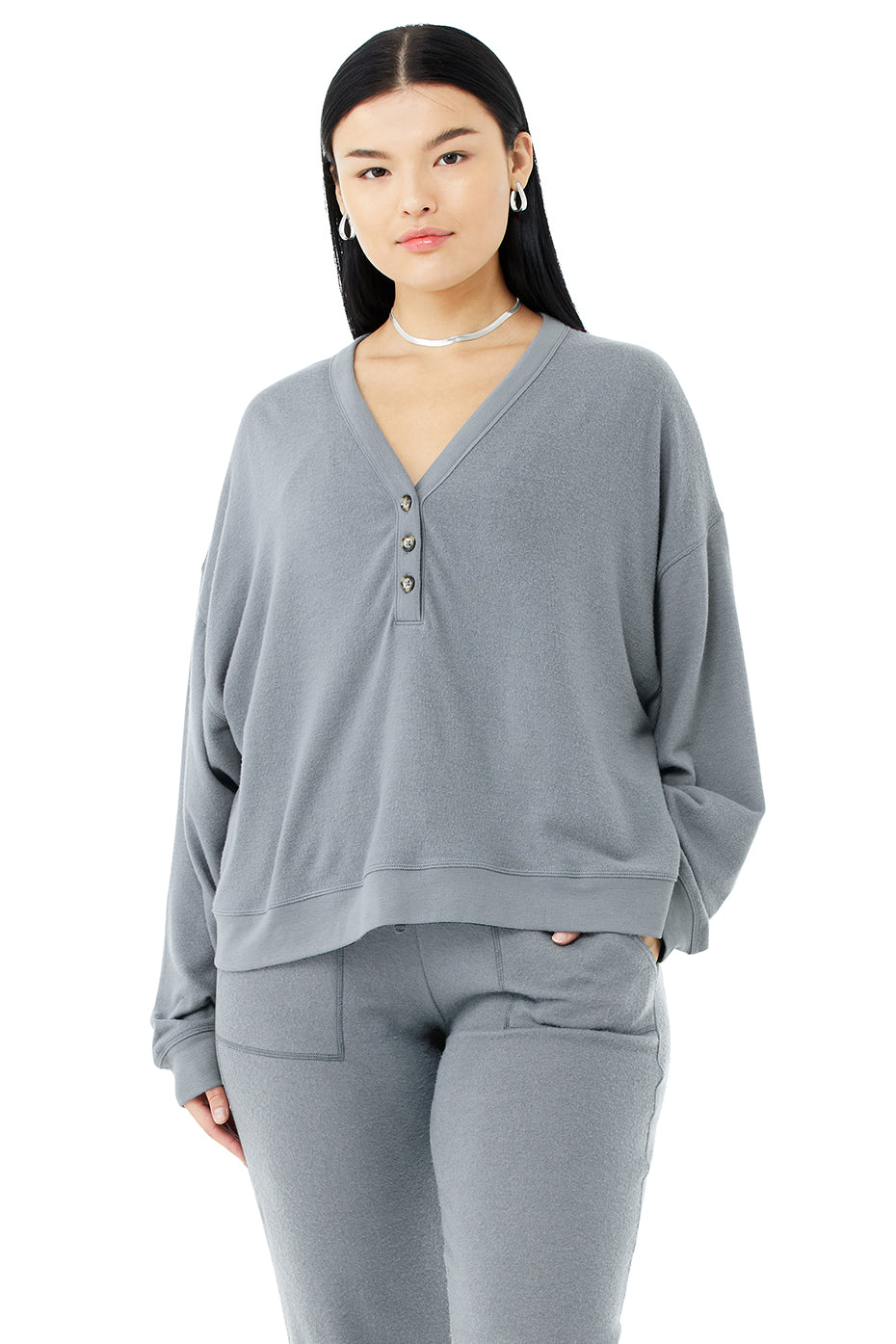 Alolux Soho Cropped Henley & Soho Sweatpant Set - Steel Blue