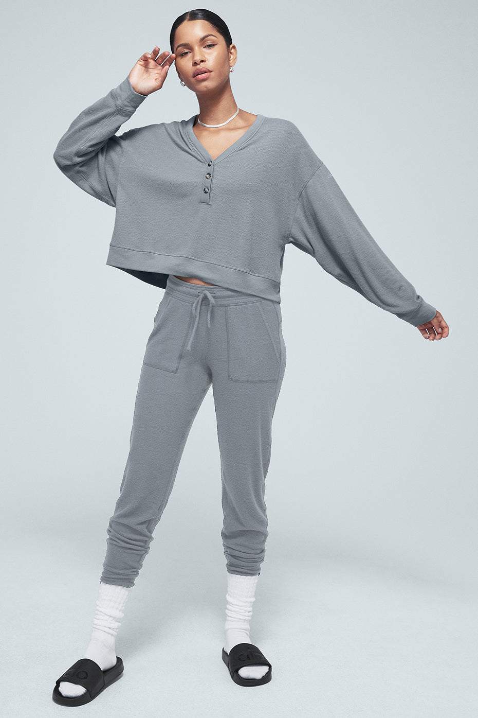 Alolux Soho Cropped Henley & Soho Sweatpant Set - Steel Blue