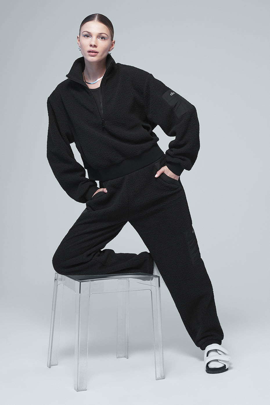Micro Sherpa Solstice Coverup & Micro Sherpa High-Waist Solstice Sweatpant Set - Black