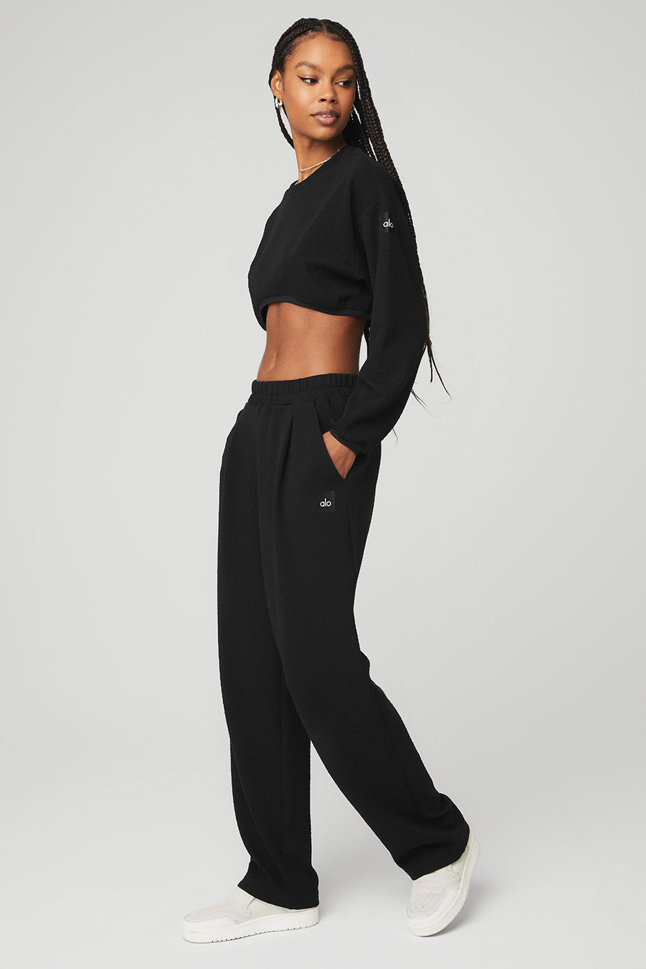 Cropped Tailored Crew Neck & High-Waist Tailored Sweatpant Set - Black