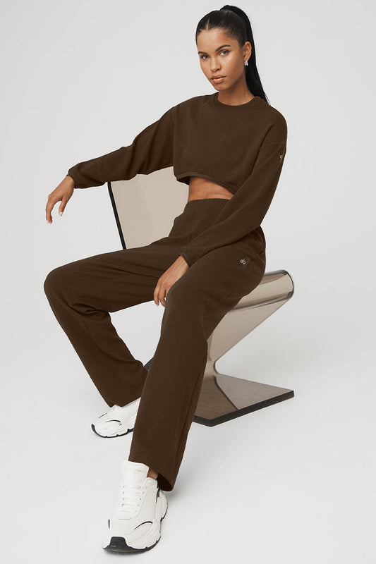 Cropped Tailored Crew Neck & High-Waist Tailored Sweatpant Set - Espresso