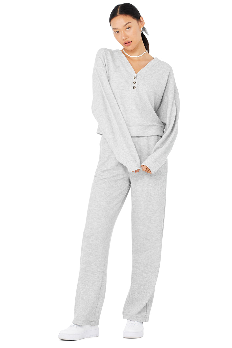 Micro Waffle Pleasant Cropped Henley & Micro Waffle High-Waist Pleasant Wide Leg Pant Set - Athletic Heather Grey