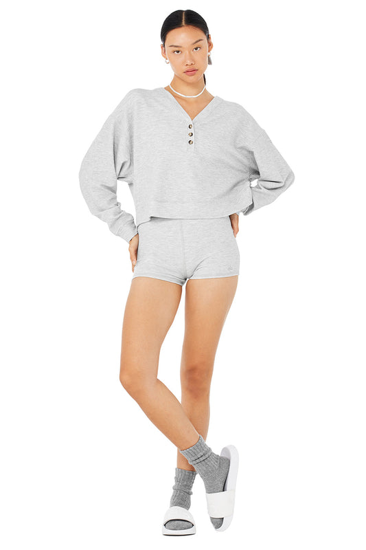 Micro Waffle Pleasant Cropped Henley & Micro Waffle Pleasant Boyshort Set - Athletic Heather Grey