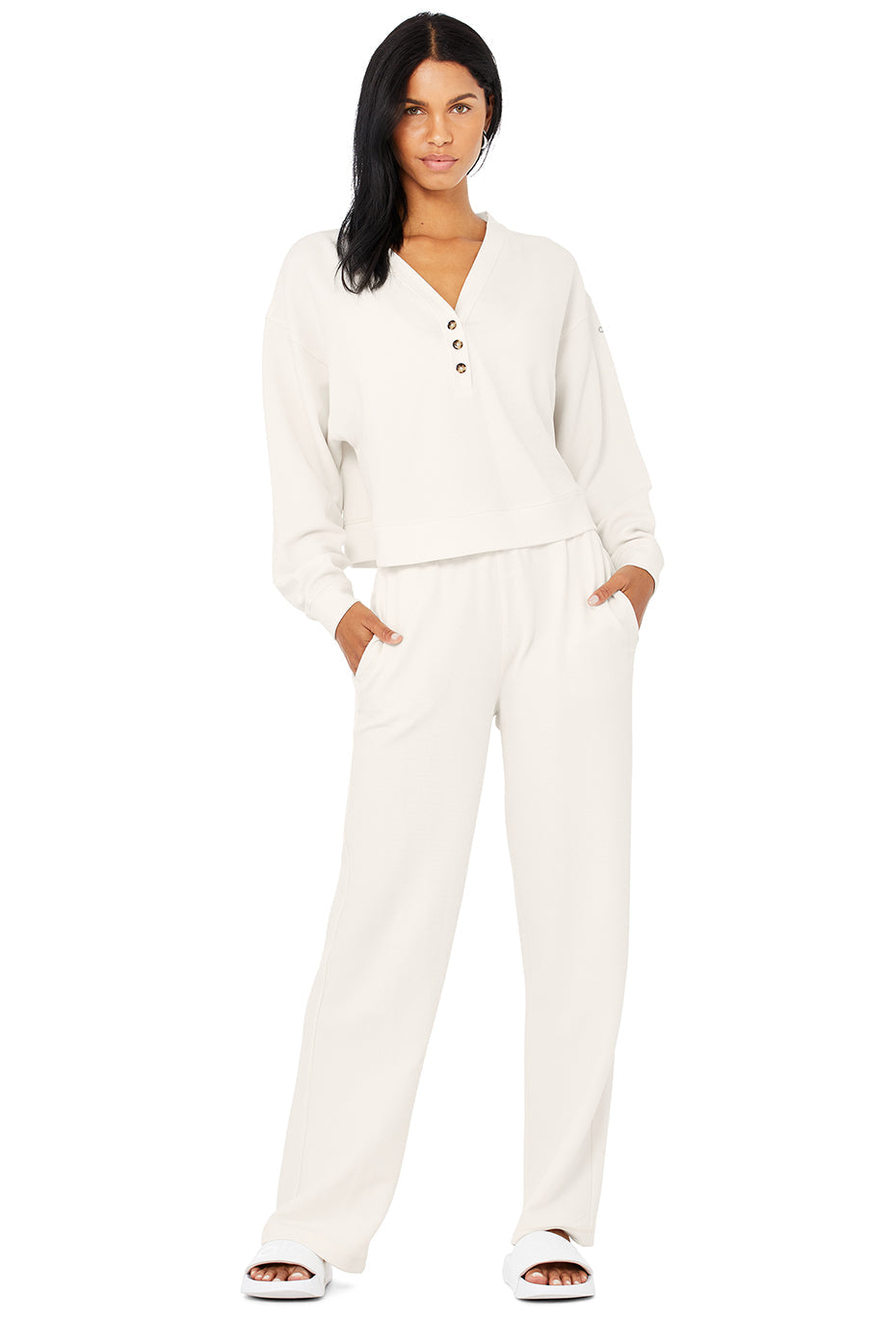 Micro Waffle Pleasant Cropped Henley & Micro Waffle High-Waist Pleasant Wide Leg Pant Set - Ivory