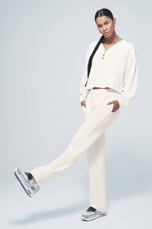 Micro Waffle Pleasant Cropped Henley & Micro Waffle High-Waist Pleasant Wide Leg Pant Set - Ivory