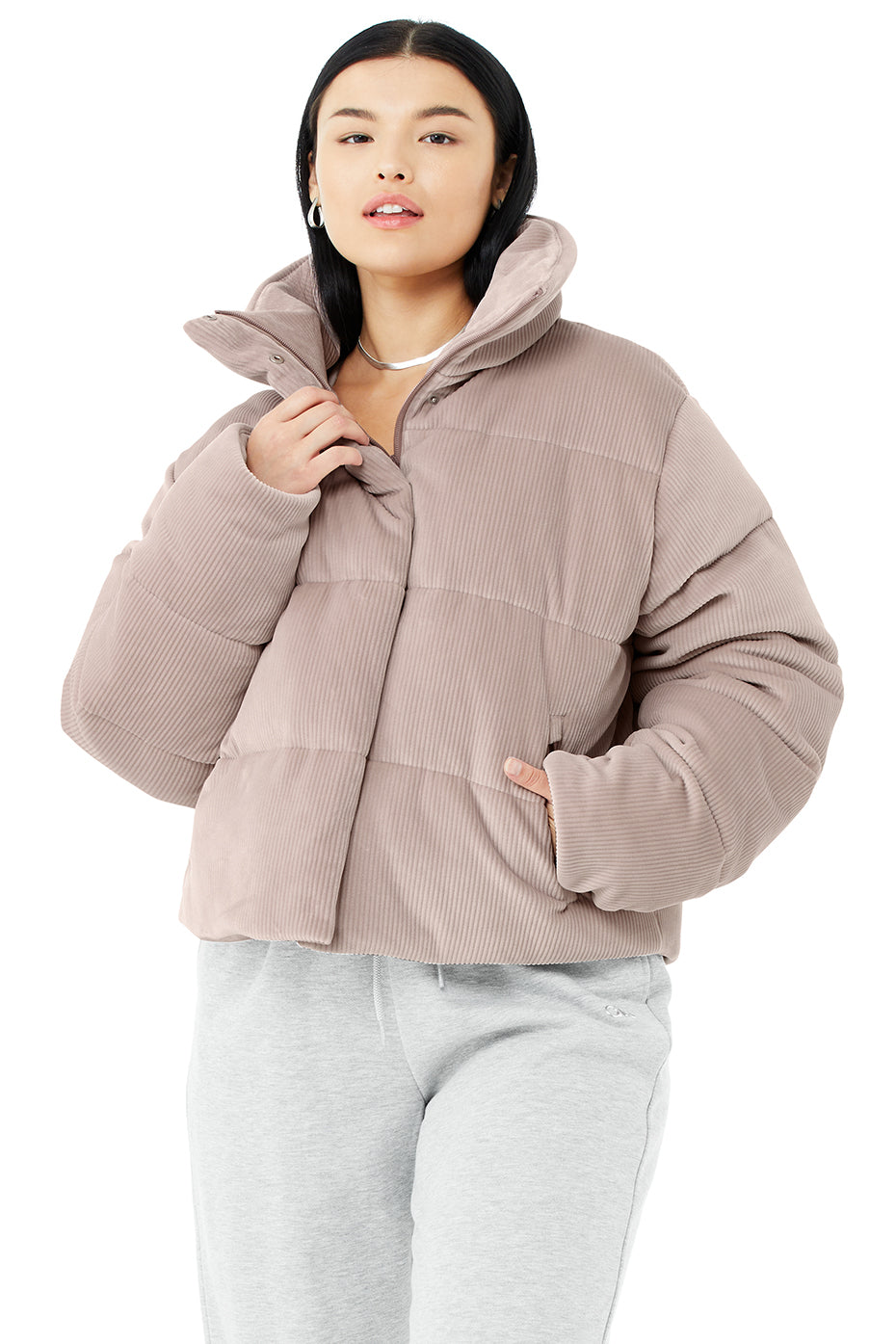 Ribbed Velour Gold Rush Puffer - Dusty Pink