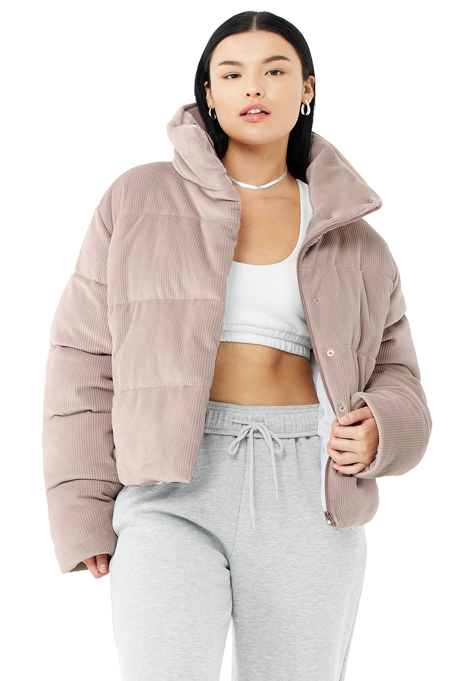 Ribbed Velour Gold Rush Puffer - Dusty Pink