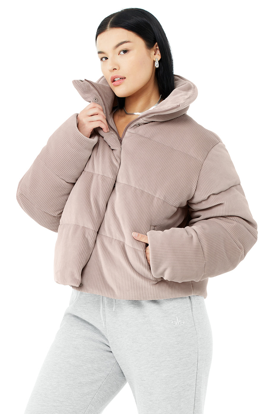 Ribbed Velour Gold Rush Puffer - Dusty Pink