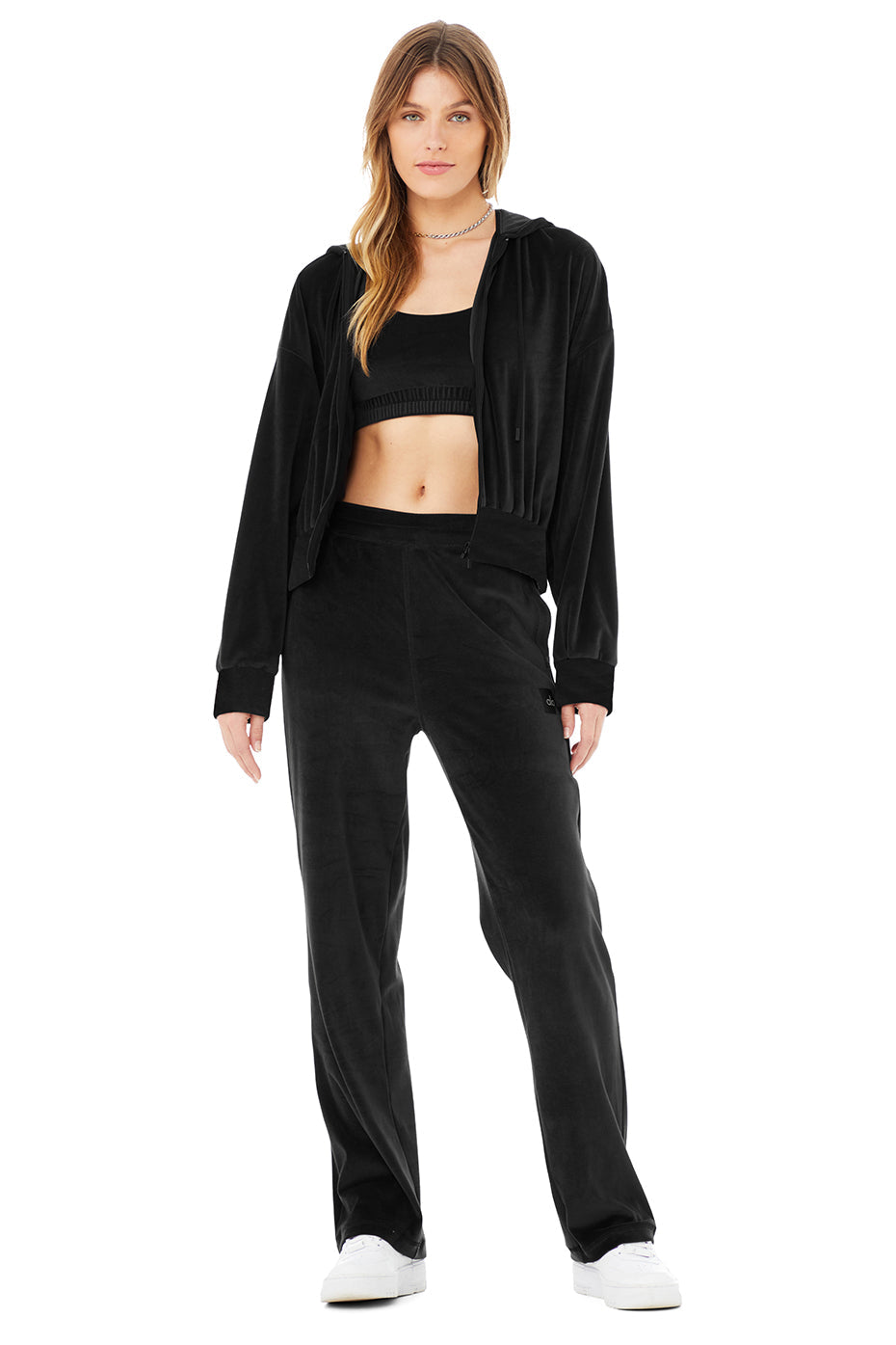 Velour Glimmer Scoop Neck Bra & Full Zip Hoodie & High-Waist Wide Leg Pant Set - Black