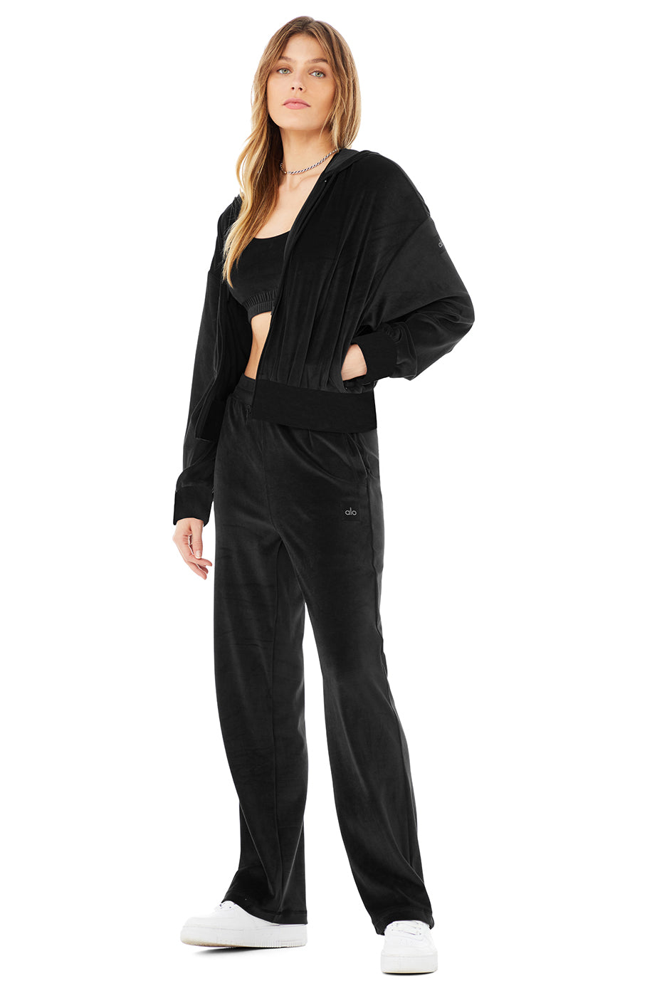 Velour Glimmer Scoop Neck Bra & Full Zip Hoodie & High-Waist Wide Leg Pant Set - Black
