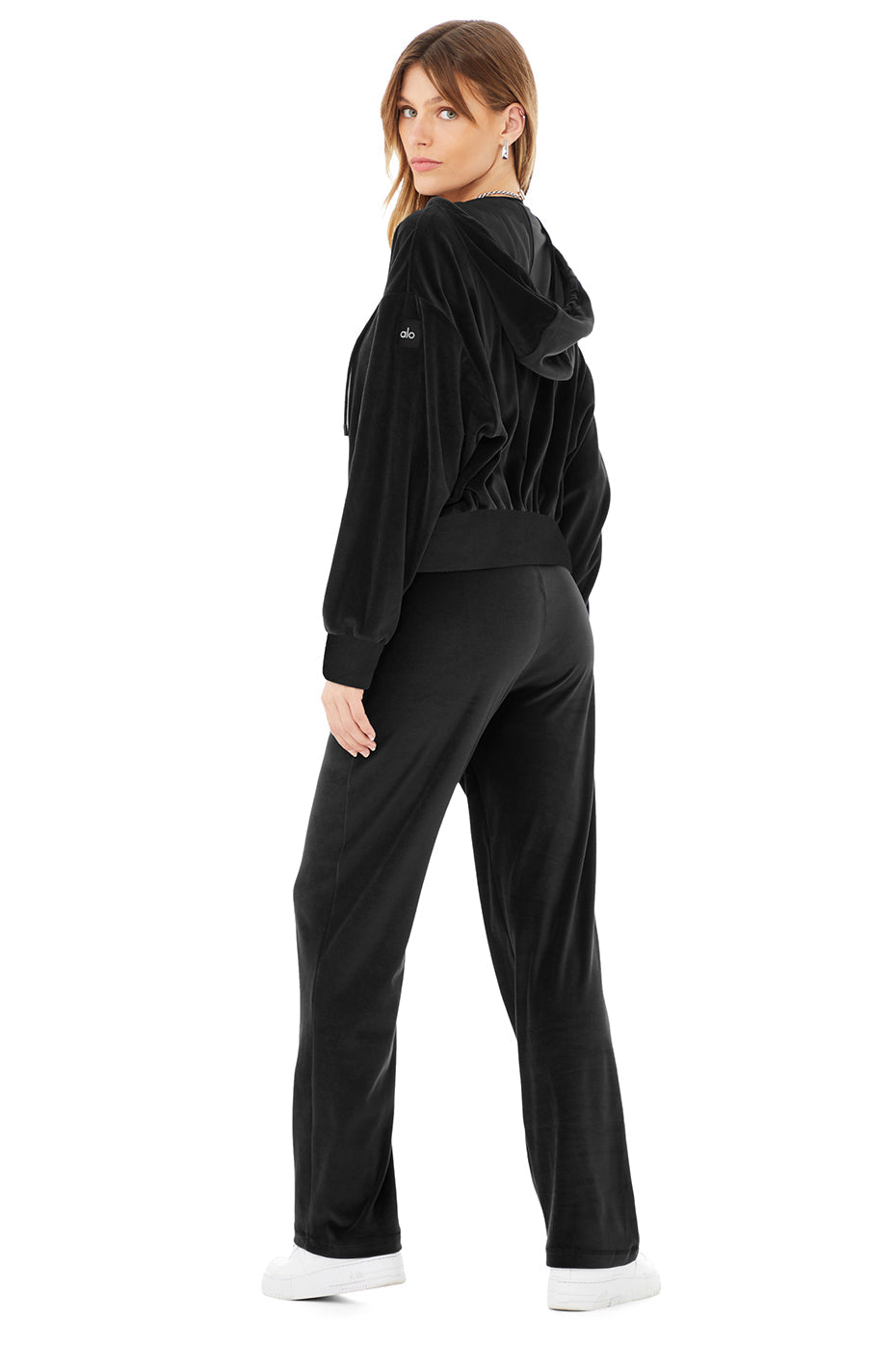Velour Glimmer Scoop Neck Bra & Full Zip Hoodie & High-Waist Wide Leg Pant Set - Black