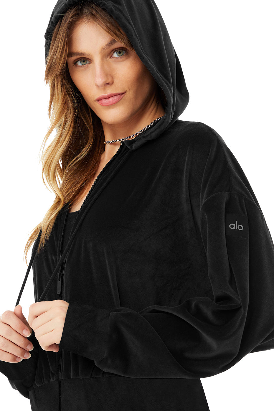 Velour Glimmer Scoop Neck Bra & Full Zip Hoodie & High-Waist Wide Leg Pant Set - Black